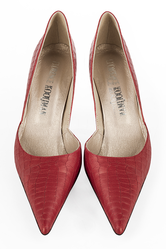 Scarlet red women's open arch dress pumps. Pointed toe. Very high slim heel. Top view - Florence KOOIJMAN